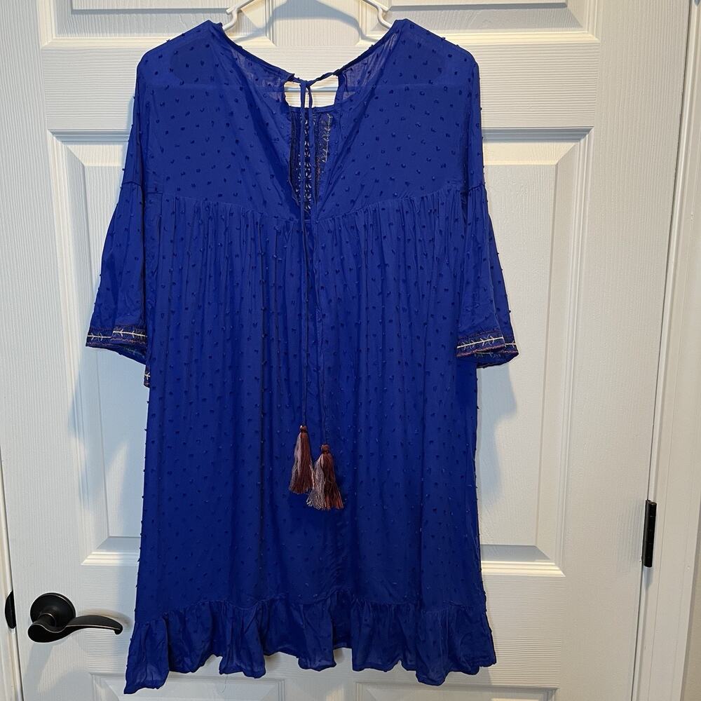 Umgee Small Blue Women's Paisley Embroidered Bell Sleeve Mini Dress Bohemian - Picture 4 of 10